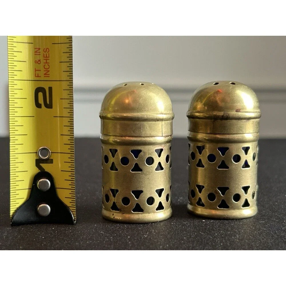 Vintage Finland Brass Cobalt Blue Glass Salt Pepper Shakers Pierced Holder Set